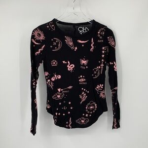 Chaser knit shirt top blouse black celestial graphics tarot pink moon sun Small